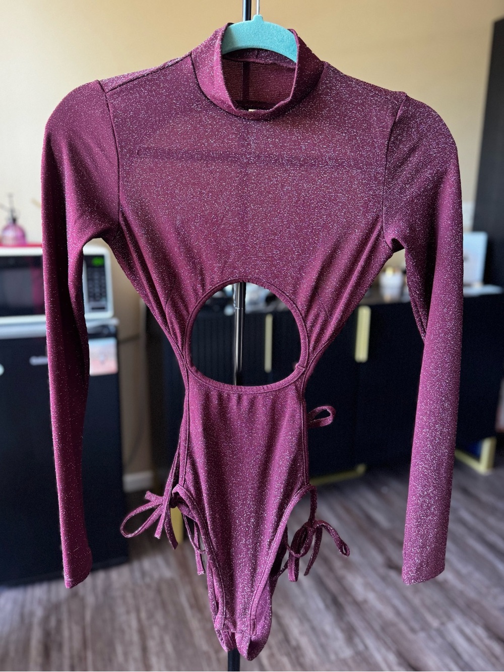 Savage X Fenty Sparkle Burgundy Cutout Long-Sleeve Bodysuit